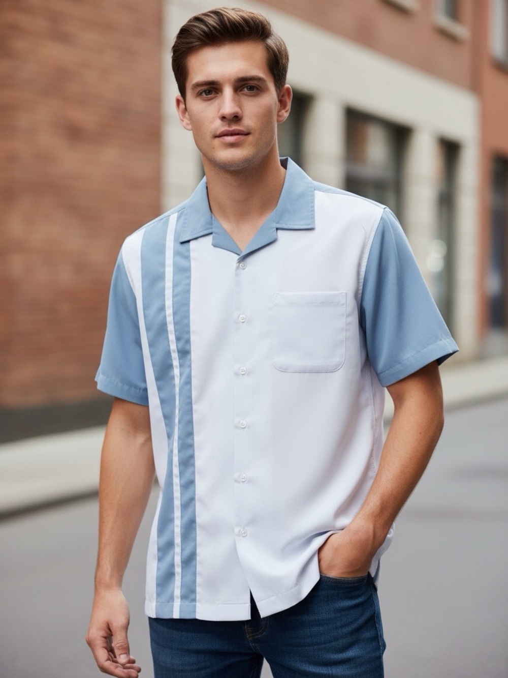 Via Europa Men’s Small Bowling Shirt Retro Rockabilly Camp Style Blue & White